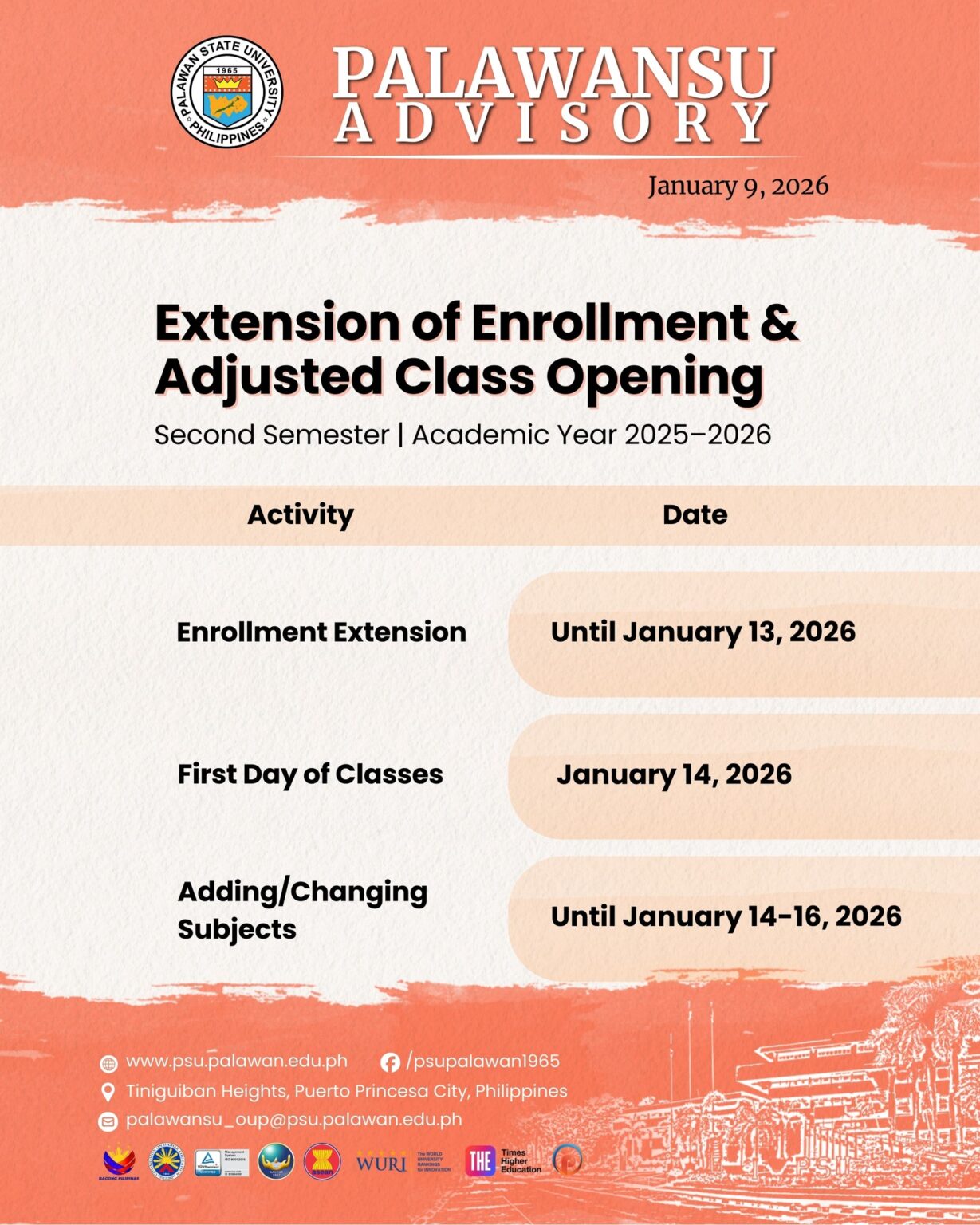 ADVISORY: EXTENSION OF ENROLLMENT & ADJUSTED CLASS OPENING | Palawan ...